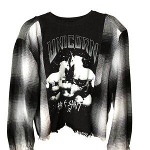 Upcycled Girls Unicorn Flannel Shirt, Reworked Graphic Tee Black White Size 8-12